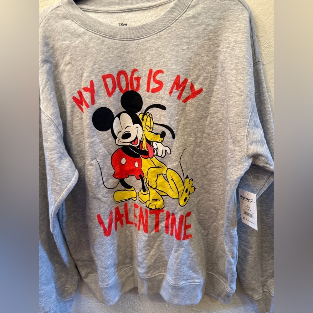 Disney Mickey Mouse snd Pluto Gray Crewneck Sweatshirt My Dog is my Valentine XL